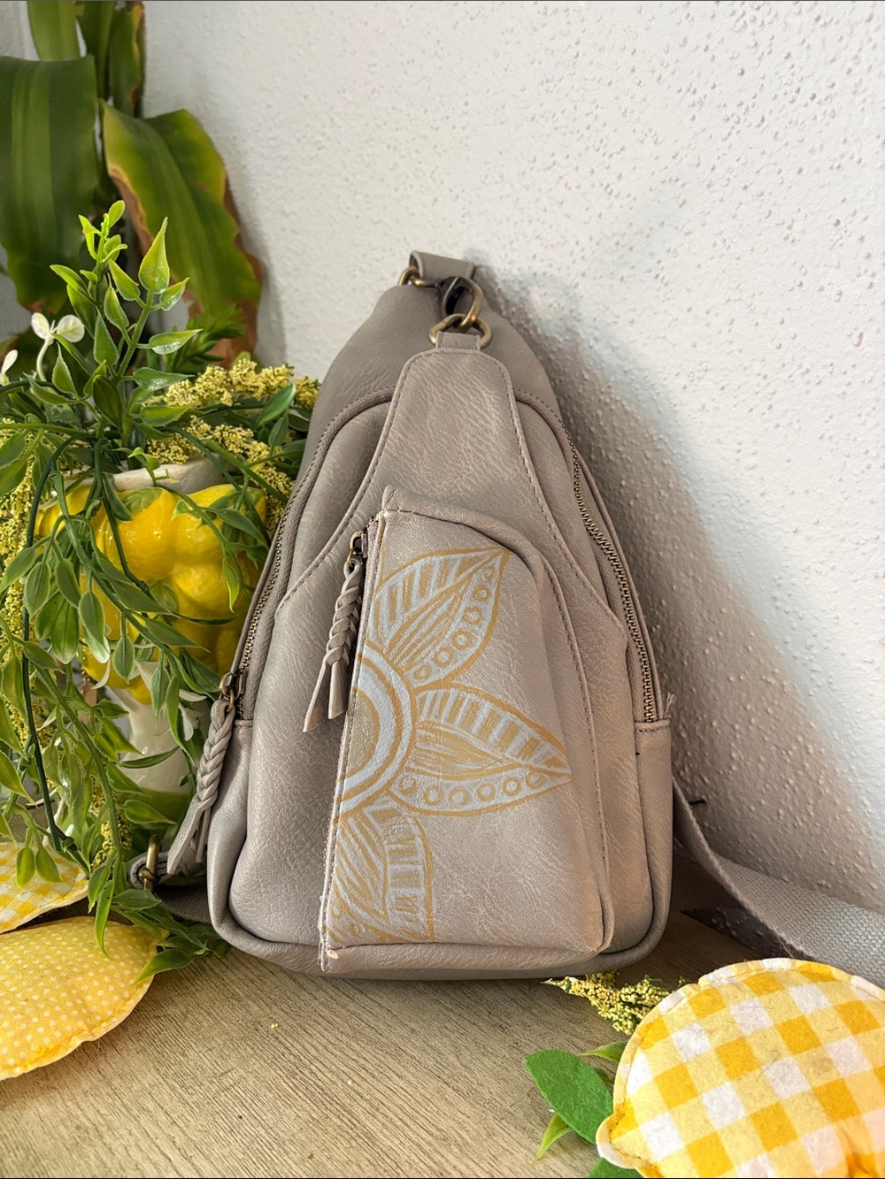 Upcycle Custom Antika Kraft Gray Floral Accent Crossbody Sling Bag